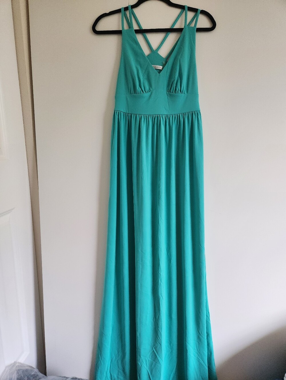 Monaco Aqua Blue Maxi Dress Strappy Back Empire Waist Flowy Size S